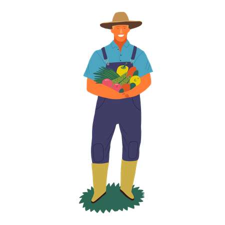 Agricultor em pé com frutas na mão  Ilustração