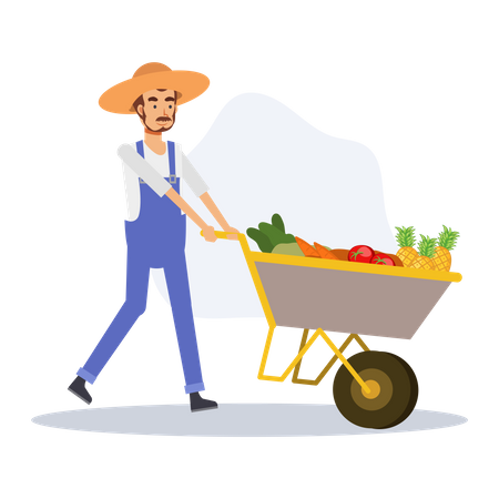 Agricultor empujando carrito de verduras  Ilustración