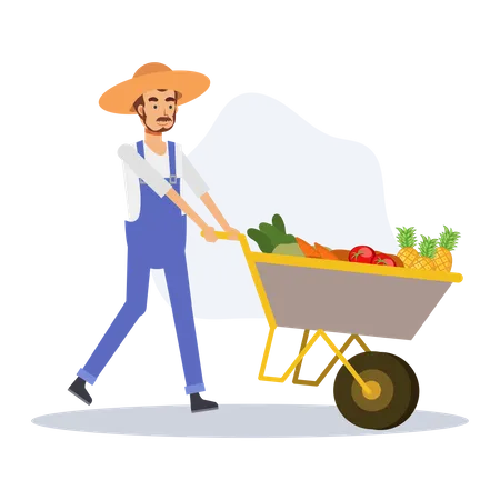 Agricultor empujando carrito de verduras  Ilustración