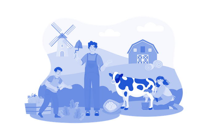 O fazendeiro está cultivando em seu campo com sua vaca  Ilustração