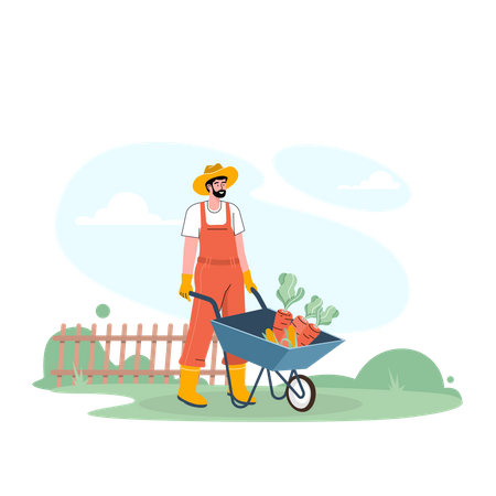 Agricultor masculino segurando carrinho de mão com legumes  Ilustração