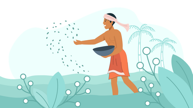 Agricultor indiano plantando sementes no solo  Ilustração