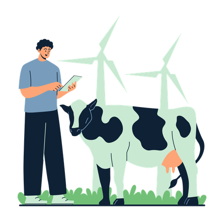 Un agricultor introduce datos del ganado con una tableta  Illustration