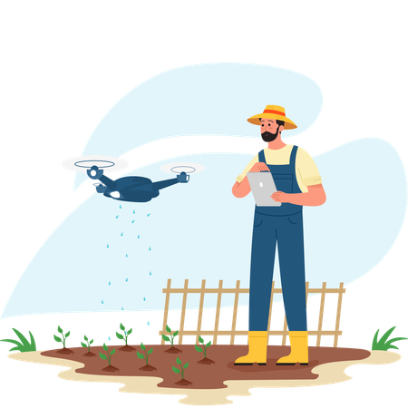 Agricultor masculino que utiliza un dron para regar la granja  Ilustración