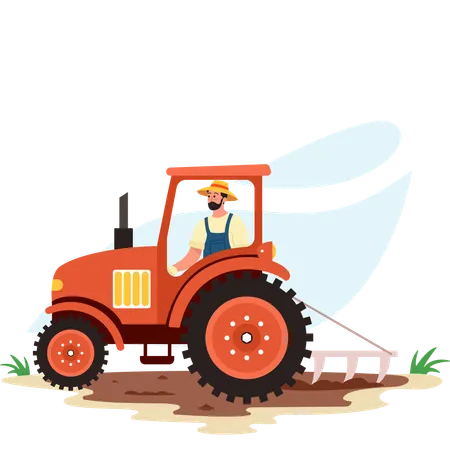 Agricultor masculino que utiliza un tractor pesado para cultivar una granja  Ilustración