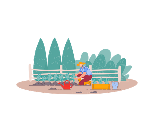 Agricultor plantando árvores frutíferas  Ilustração