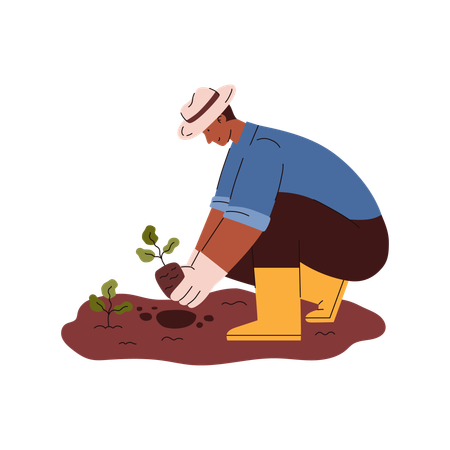Agricultor plantando planta no solo  Ilustração