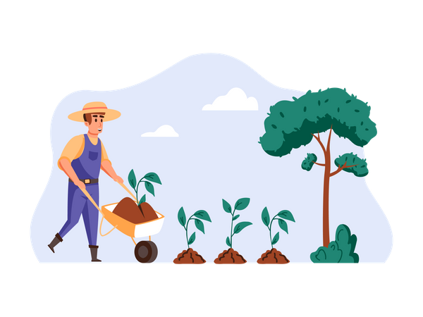 Agricultor plantando sementes com carrinho de mão  Ilustração