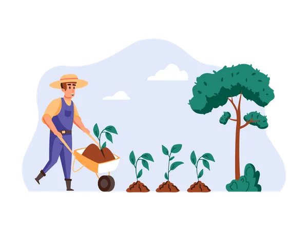 Agricultor plantando sementes com carrinho de mão  Ilustração