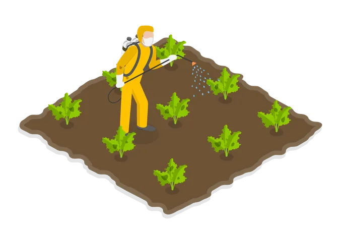 Ilustracao Em Vetor Plano Isometrico 3 D De Fertilizante Quimico Agricultor Pulverizando Pesticidas Em Um Campo Ilustração
