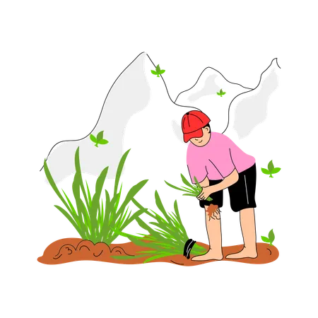 Agricultor cultivando cosechas en tierras de montaña con terrazas  Ilustración