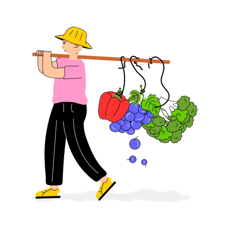 Agricultor recogiendo verduras frescas  Ilustración