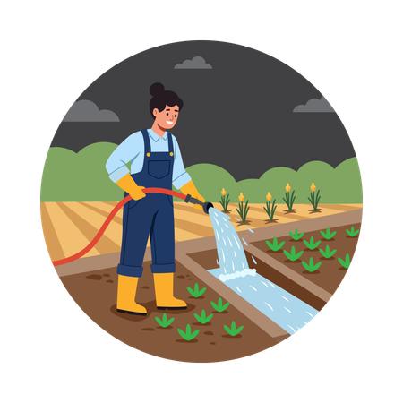 Agricultor regando con canales de agua  Ilustración