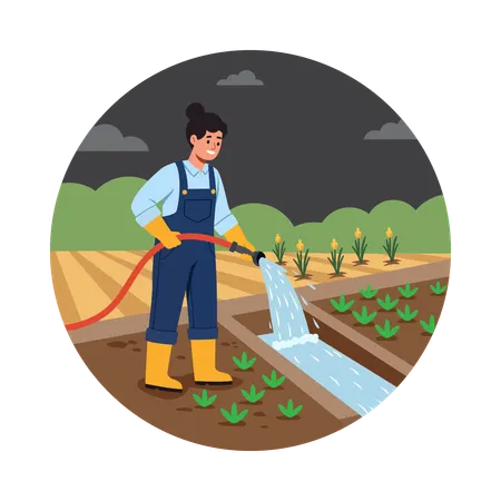Agricultor regando con canales de agua  Ilustración