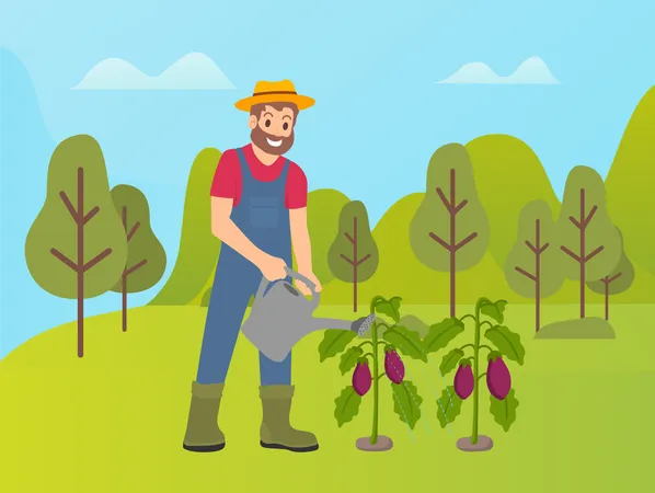 Agricultor regando plantas  Ilustração