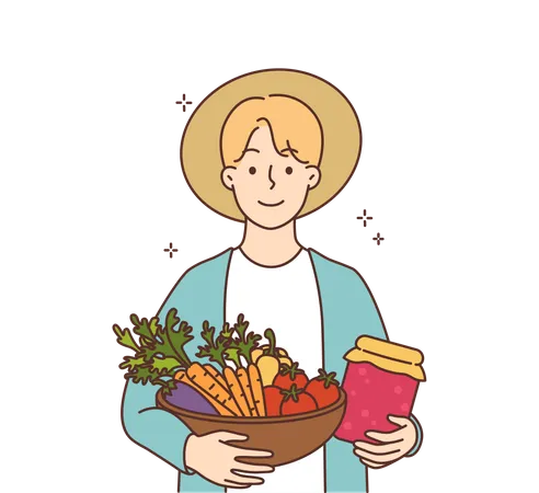 Agricultor segurando cesta de legumes e pote de geléia  Ilustração