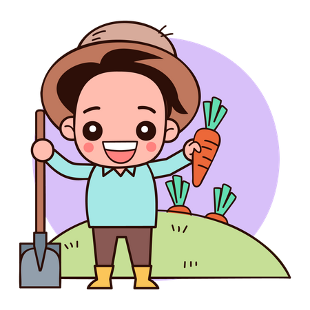 Agricultor sosteniendo pala y zanahoria  Ilustración