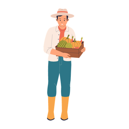 Agricultor masculino sosteniendo una cesta de cosecha  Ilustración