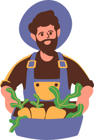 Agricultor sosteniendo una cesta de verduras frescas  Ilustración