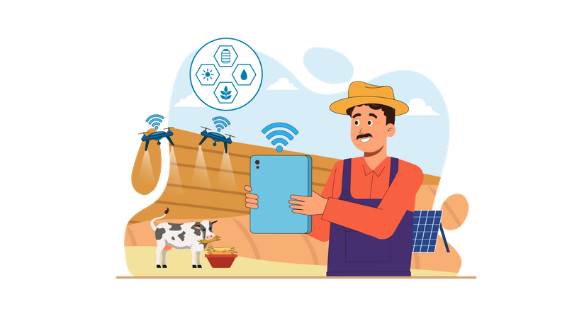 Agricultor usando drone para monitoramento agrícola  Ilustração