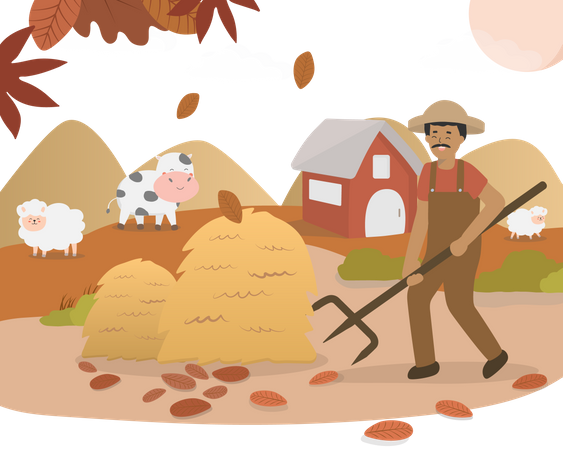 Agricultor usando garfo para colher palha  Ilustração