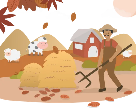 Agricultor usando garfo para colher palha  Ilustração
