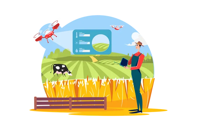 Agricultor usando sensores remotos para coletar dados agrícolas  Ilustração