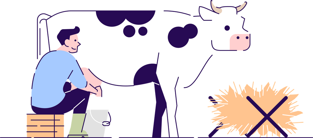Fazendeiro ordenhando vaca  Ilustração