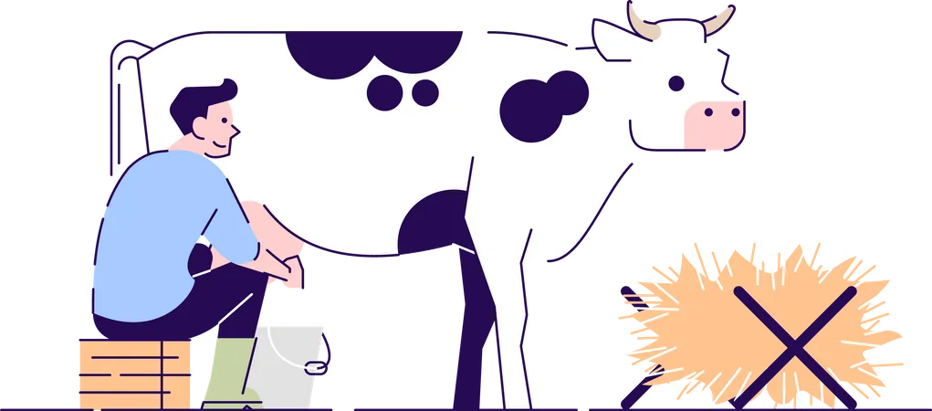 Fazendeiro ordenhando vaca  Ilustração