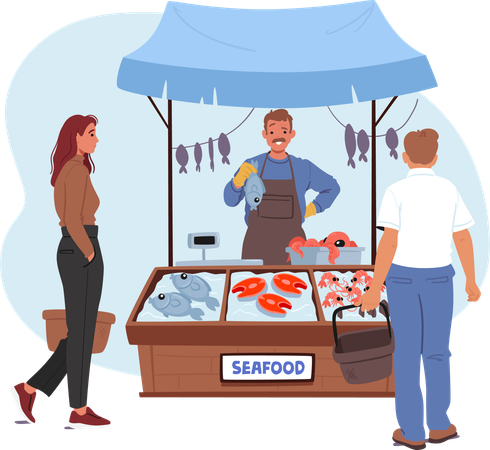 O fazendeiro vende frutos do mar no mercado de peixes  Ilustração