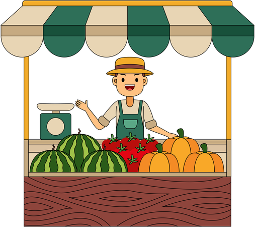 Agricultor vendendo vegetais em barraca  Ilustração