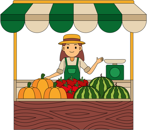 Agricultor vendendo vegetais em barraca  Ilustração