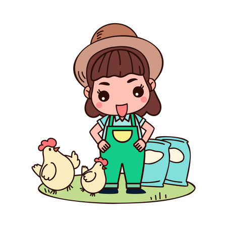 La agricultora alimentando pollos  Ilustración