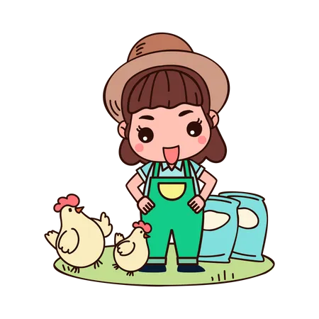 La agricultora alimentando pollos  Ilustración