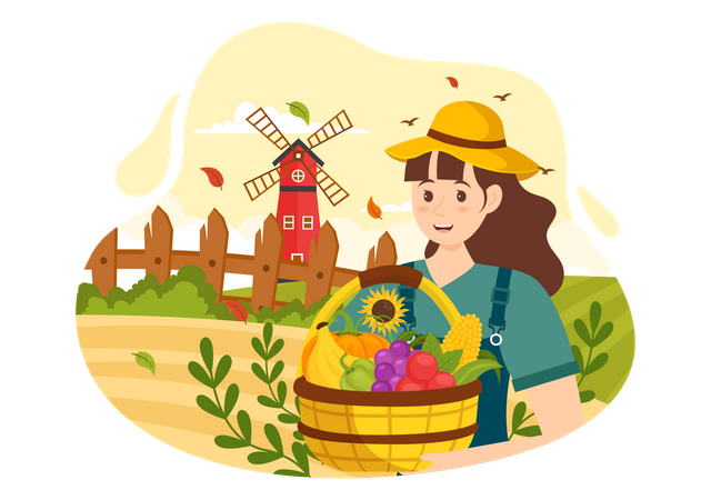 Agricultora comemorando a temporada de colheita  Ilustração