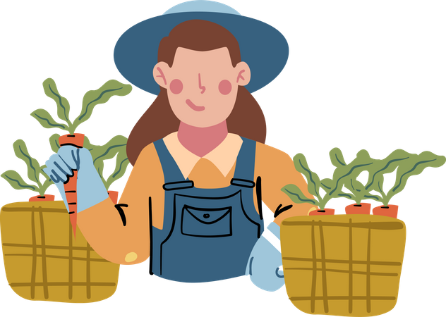 Agricultora com caixa de cenoura  Ilustração