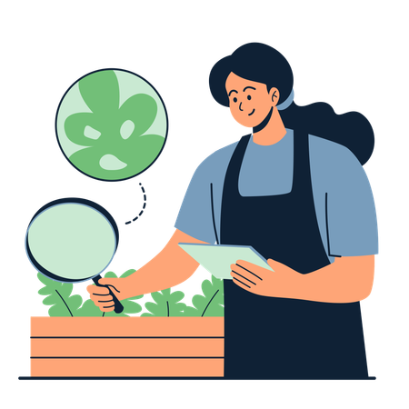 Agricultora comprobando la salud de las plantas con una tableta  Illustration