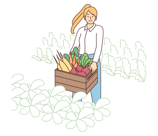 La agricultora sosteniendo una cesta de verduras  Ilustración