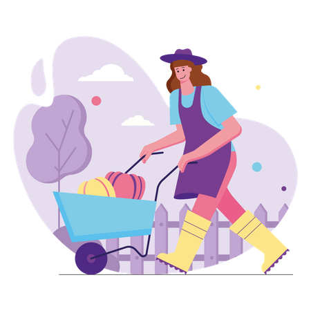 Agricultora empurrando carrinho de mão com colheita de legumes  Ilustração