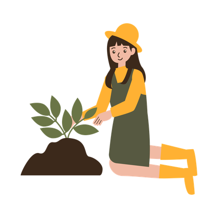 Garota agricultora está cuidando de plantas  Ilustração