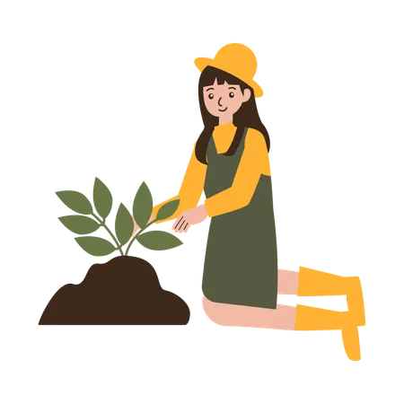 Garota agricultora está cuidando de plantas  Ilustração