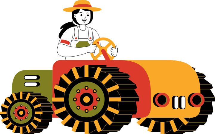 Mujer agricultora montando tractor  Ilustración