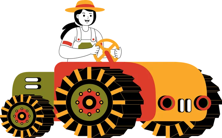 Mujer agricultora montando tractor  Ilustración