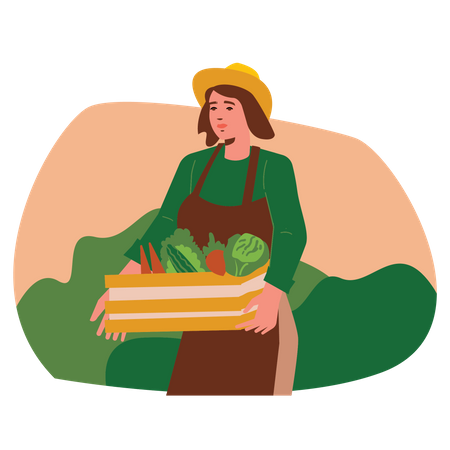 Agricultora segurando cesta de frutas  Ilustração