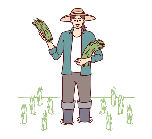 Agricultora plantando cultivos en la granja  Ilustración