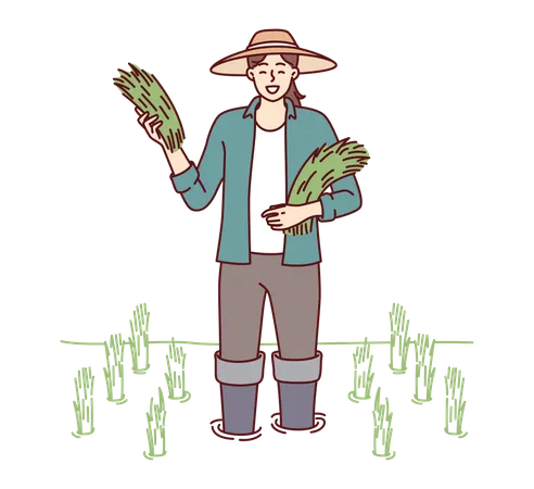 Agricultora plantando cultivos en la granja  Ilustración
