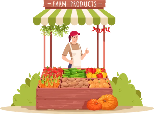 La Agricultora Vende Productos Ilustracion Vectorial De Color RGB Semiplana Produccion Local De Hortalizas Frescas Dueno De Negocio Agricola Personaje De Dibujos Animados Aislado Sobre Fondo Blanco Ilustración