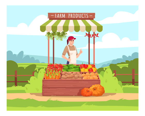 La agricultora vende verduras ecológicas  Ilustración