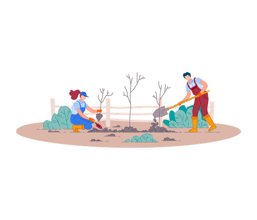 Agricultores cavando com pá  Ilustração