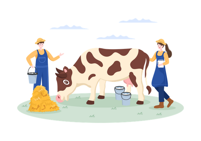 Agricultores com balde de leite  Ilustração